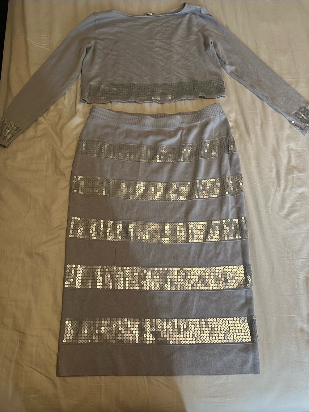 New York and Company Eva Mendez Sequin Stripe Midi Skirt set - Light Gray